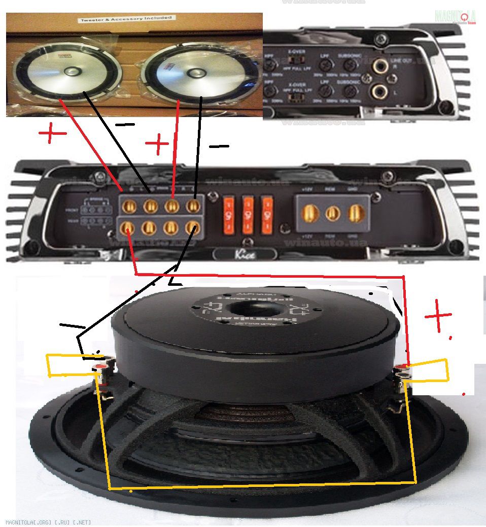Подключение 4 канального усилителя к компонентной акустике и сабуфера с 2  катушками